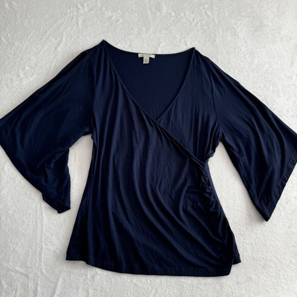 BOSTON PROPER Navy Blue Cold Shoulder Wide Sleeve Jersey Faux Wrap Top Large - Picture 1 of 8